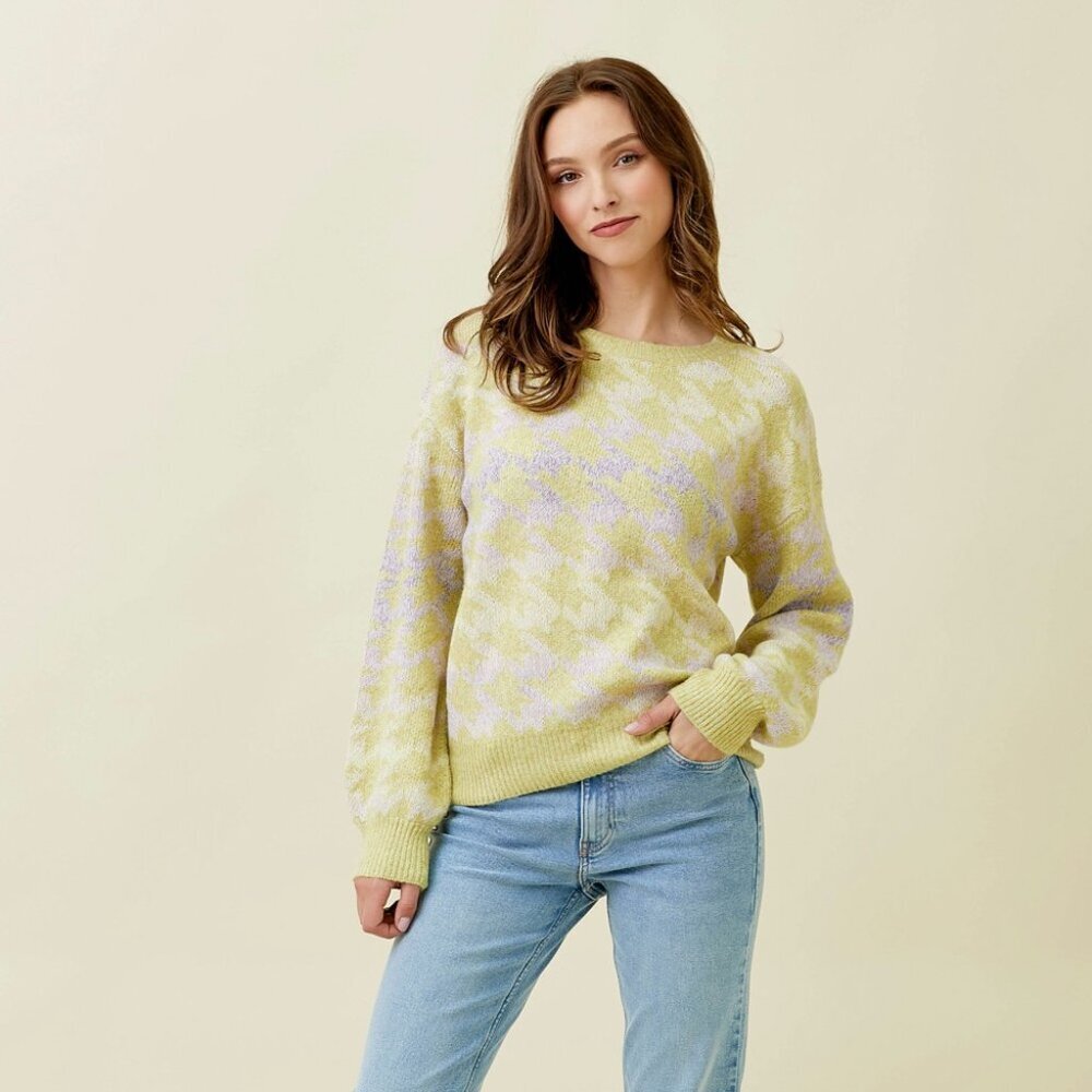 MYSTREE Pastel Houndstooth Sweater | Lemon & Lilac Knit Pullover - Picture 3 of 7
